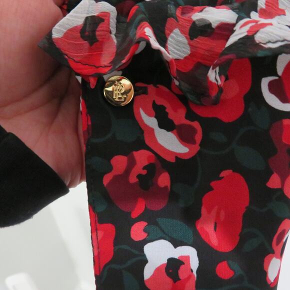 Lauren Ralph Lauren Women Sz L Red Black Floral Ruffle Long Sleeve Button Down - Picture 6 of 9